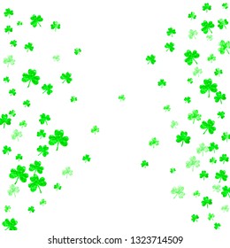 Saint patricks day background with shamrock. Lucky trefoil confetti. Glitter frame of clover leaves. Template for gift coupons, vouchers, ads, events. Decorative saint patricks day backdrop.