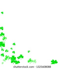 Saint patricks day background with shamrock. Lucky trefoil confetti. Glitter frame of clover leaves. Template for voucher, special business ad, banner. Happy saint patricks day backdrop.
