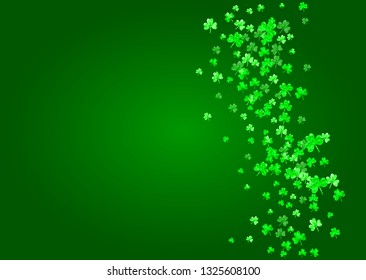 Saint patricks day background with shamrock. Lucky trefoil confetti. Glitter frame of clover leaves. Template for voucher, special business ad, banner. Happy saint patricks day backdrop.