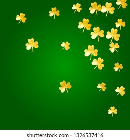 Saint patricks day background with shamrock. Lucky trefoil confetti. Glitter frame of clover leaves. Template for gift coupons, vouchers, ads, events. Greeting saint patricks day backdrop.