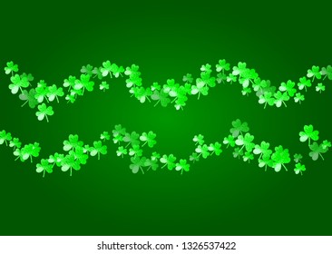 Saint patricks day background with shamrock. Lucky trefoil confetti. Glitter frame of clover leaves. Template for gift coupons, vouchers, ads, events. Irish saint patricks day backdrop.