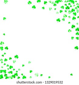 Saint patricks day background with shamrock. Lucky trefoil confetti. Glitter frame of clover leaves. Template for gift coupons, vouchers, ads, events. Holiday saint patricks day backdrop.