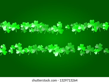 Saint patricks day background with shamrock. Lucky trefoil confetti. Glitter frame of clover leaves. Template for party invite, retail offer and ad. Merry saint patricks day backdrop.