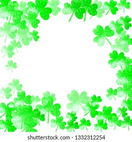 Saint patricks day background with shamrock. Lucky trefoil confetti. Glitter frame of clover leaves. Template for poster, gift certificate, banner. Festal saint patricks day backdrop.