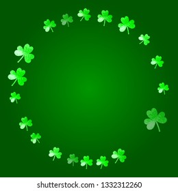 Saint patricks day background with shamrock. Lucky trefoil confetti. Glitter frame of clover leaves. Template for voucher, special business ad, banner. Happy saint patricks day backdrop.