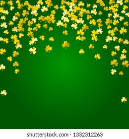 Saint patricks day background with shamrock. Lucky trefoil confetti. Glitter frame of clover leaves. Template for flyer, special business offer, promo. Irish saint patricks day backdrop.