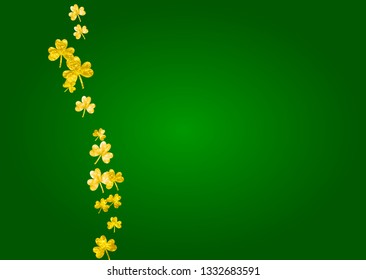 Saint patricks day background with shamrock. Lucky trefoil confetti. Glitter frame of clover leaves. Template for special business offer, banner, flyer. Decorative saint patricks day backdrop.