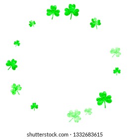 Saint patricks day background with shamrock. Lucky trefoil confetti. Glitter frame of clover leaves. Template for flyer, special business offer, promo. Celtic saint patricks day backdrop.