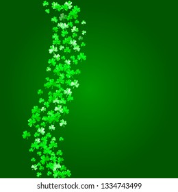 Saint patricks day background with shamrock. Lucky trefoil confetti. Glitter frame of clover leaves. Template for gift coupons, vouchers, ads, events. Merry saint patricks day backdrop.