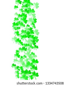 Saint patricks day background with shamrock. Lucky trefoil confetti. Glitter frame of clover leaves. Template for voucher, special business ad, banner. Dublin saint patricks day backdrop.