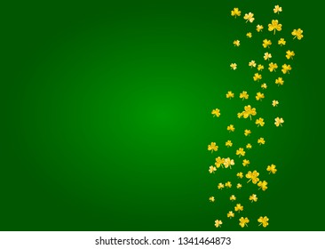 Saint patricks day background with shamrock. Lucky trefoil confetti. Glitter frame of clover leaves. Template for poster, gift certificate, banner. Festal saint patricks day backdrop.
