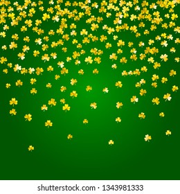 Saint patricks day background with shamrock. Lucky trefoil confetti. Glitter frame of clover leaves. Template for gift coupons, vouchers, ads, events. Celtic saint patricks day backdrop.