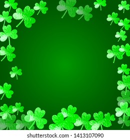 Saint patricks day background with shamrock. Lucky trefoil confetti. Glitter frame of clover leaves. Template for gift coupons, vouchers, ads, events. Festal saint patricks day backdrop.