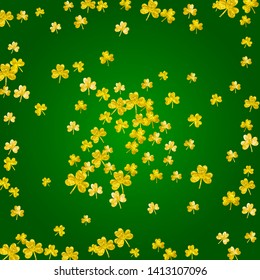 Saint patricks day background with shamrock. Lucky trefoil confetti. Glitter frame of clover leaves. Template for gift coupons, vouchers, ads, events. Decorative saint patricks day backdrop.