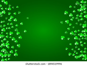 Saint patricks day background with shamrock. Lucky trefoil confetti. Glitter frame of clover leaves. Template for voucher, special business ad, banner. Greeting saint patricks day backdrop.