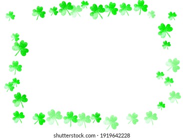 Saint patricks day background with shamrock. Lucky trefoil confetti. Glitter frame of clover leaves. Template for poster, gift certificate, banner. Merry saint patricks day backdrop.