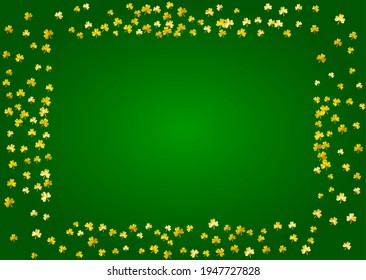 Saint patricks day background with shamrock. Lucky trefoil confetti. Glitter frame of clover leaves. Template for special business offer, banner, flyer. Dublin saint patricks day backdrop.