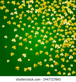 Saint patricks day background with shamrock. Lucky trefoil confetti. Glitter frame of clover leaves. Template for voucher, special business ad, banner. Dublin saint patricks day backdrop.