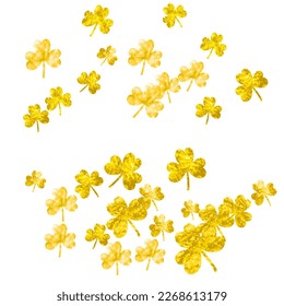 Saint patricks day background with shamrock. Lucky trefoil confetti. Glitter frame of clover leaves. Template for gift coupons, vouchers, ads, events. Decorative saint patricks day backdrop.