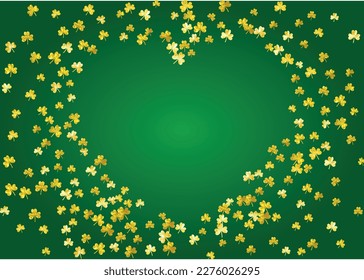 Saint patricks day background with shamrock. Lucky trefoil confetti. Glitter frame of clover leaves. Template for flyer, special business offer, promo. Irish saint patricks day backdrop.