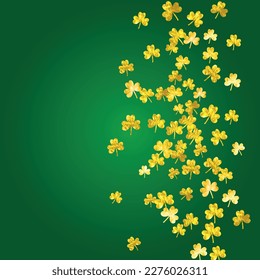 Saint patricks day background with shamrock. Lucky trefoil confetti. Glitter frame of clover leaves. Template for special business offer, banner, flyer. Festive saint patricks day backdrop.