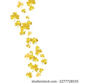 Saint patricks day background with shamrock. Lucky trefoil confetti. Glitter frame of clover leaves. Template for voucher, special business ad, banner. Happy saint patricks day backdrop.