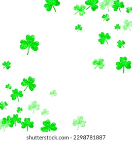 Antecedentes del día de San Patricks con shamrock. Confeti de trébol afortunado. Marco brillante de hojas de trébol. Plantilla para oferta especial de negocios, banner, volante. Día de los maricones de los días festivos.