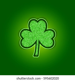 Saint Patricks Day background with shiny green clover. Shamrock leaf of green glitter. Template for greeting card design, banner, flyer, party invitation.
