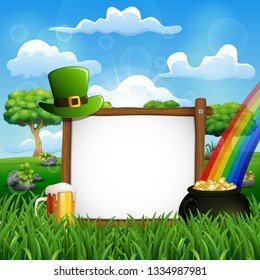 Saint Patricks Day background with a wooden sign, green hat and gold coins in a cauldron