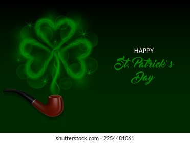 saint patrick's day background with wooden pipe and green smoke. st. patrick's day with pipe and clover shaped smoke 