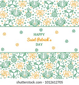 Saint Patrick's Day banner, background, flyer with flat line icons - shamrock, horseshoe, heart and air balloon. St Patrick holiday card, poster, leaflet concept with Irish ans lucky outline symbols. 
