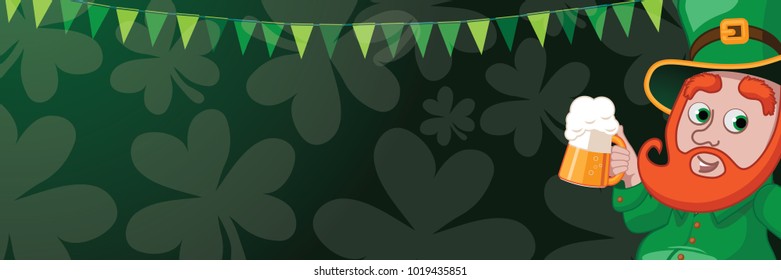 Saint Patricks Day banner background with cute cartoon leprechaun holding two beers. Bunting, shamrocks and copy space. EPS10 vector illustration.