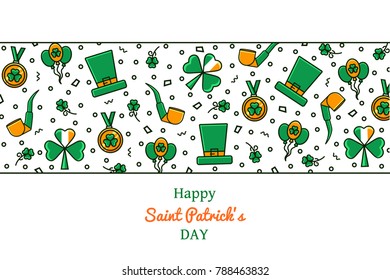 Saint Patrick's Day banner, background, header, flyer with flat color line icons - shamrock, hat, pipe, medal and air balloons. Irish holiday card, poster, leaflet concept with symbols if Ireland. 