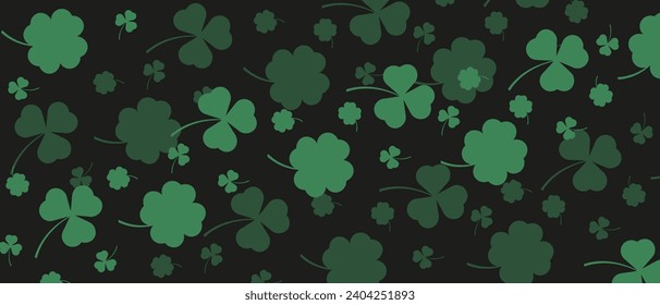 Saint Patrick's Day banner with cartoon Shamrock in trendy flat style on black background. Saint Patrick ornament. Vector illustration can used web poster, social media banner and card cover.