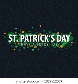 Saint Patricks Day banner. Clover leaves with coins on dark background. Vector Illustration