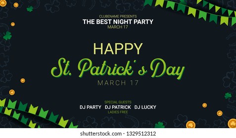 Saint Patricks Day banner. Clover leaves with coins on dark background. Vector Illustration