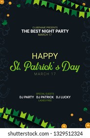 Saint Patricks Day banner. Clover leaves with coins on dark background. Vector Illustration