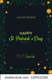 Saint Patricks Day banner. Clover leaves with coins on dark background. Vector Illustration
