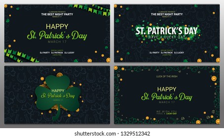 Saint Patricks Day banner. Clover leaves with coins on dark background. Vector Illustration