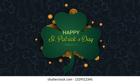 Saint Patricks Day banner. Clover leaves with coins on dark background. Vector Illustration