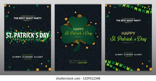 Saint Patricks Day banner. Clover leaves with coins on dark background. Vector Illustration