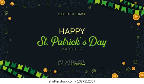 Saint Patricks Day banner. Clover leaves with coins on dark background. Vector Illustration