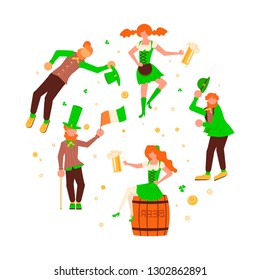 Saint Patrick's Day banner. Cute cartoon leprechauns holding mugs of beer dancing. Flat Art Vector illustration