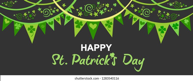 Saint Patrick's Day banner. Flags ornament. For design, print or background. Celebration  background with garland, shamrock and place for your text. Header or banner design with stylish lettering. 