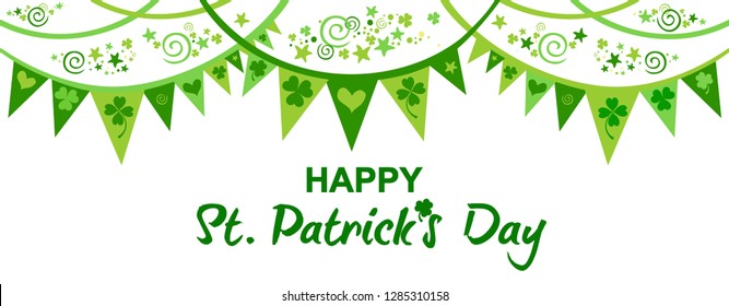 Saint Patrick's Day banner. Flags ornament. For design, print or background. Celebration white background with garland, shamrock and place for your text. Header or banner design with stylish lettering