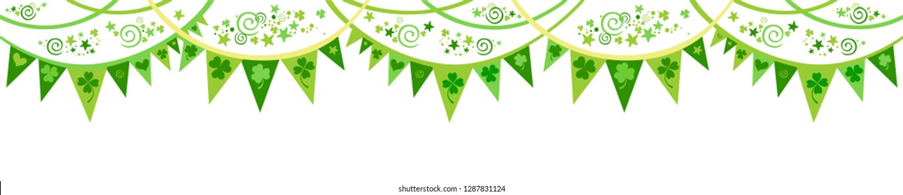 Saint Patrick's Day banner. Flags ornament. For design, print or background. Celebration white background with garland, shamrock and place for your text. Header or banner design with stylish lettering