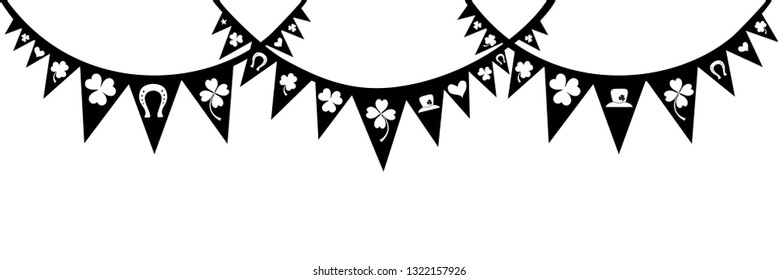 Saint Patrick's Day banner. Flags ornament. For design, print or background. Celebration white background with garland, shamrock and place for your text. Header or banner design. Vector illustration.