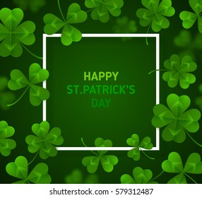 Saint Patrick's Day Banner with Four and Three Leaf Clovers on Green Background. Vector illustration.
