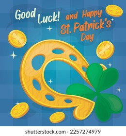 saint patricks day banner with gold horseshoe, gold coins and shamrocks leaf