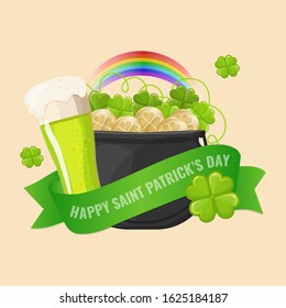 Saint Patricks day banner with green beer, pot with golden coins and clover. Stock Vector image for advertising, web banner, promotion.